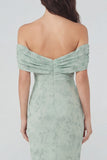 Off the Shoulder Dusty Sage Print Sheath Maxi Chiffon Dress