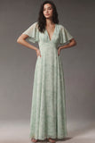 Dusty Sage A Line V Neck Chiffon Floral Dress with Short Sleeves