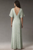 Dusty Sage A Line V Neck Chiffon Floral Dress with Short Sleeves