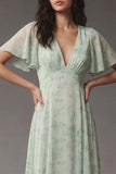 Dusty Sage A Line V Neck Chiffon Floral Dress with Short Sleeves