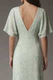 Dusty Sage A Line V Neck Chiffon Floral Dress with Short Sleeves