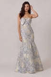 Dusty Blue Mermaid Jacquard Satin Wedding Guest Dress with Bowknot