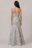 Dusty Blue Mermaid Jacquard Satin Wedding Guest Dress with Bowknot