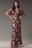 Black Pink Flower Sheath V Neck Satin Maxi Floral Dress with Short Sleeves