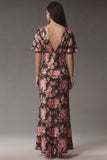 Black Pink Flower Sheath V Neck Satin Maxi Floral Dress with Short Sleeves