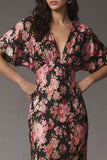 Black Pink Flower Sheath V Neck Satin Maxi Floral Dress with Short Sleeves