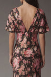 Black Pink Flower Sheath V Neck Satin Maxi Floral Dress with Short Sleeves