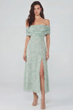 Dusty Sage A-Line Off the Shoulder Printed Chiffon Midi Dress with Slit
