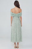 Dusty Sage A-Line Off the Shoulder Printed Chiffon Midi Dress with Slit