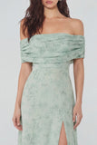 Dusty Sage A-Line Off the Shoulder Printed Chiffon Midi Dress with Slit