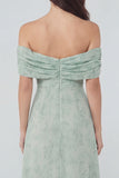 Dusty Sage A-Line Off the Shoulder Printed Chiffon Midi Dress with Slit