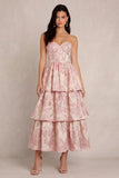 Strapless Blush Flower Jacquard A-Line Tiered Corset Satin Midi Dress