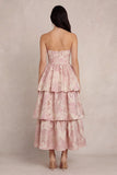 Strapless Blush Flower Jacquard A-Line Tiered Corset Satin Midi Dress