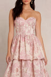 Strapless Blush Flower Jacquard A-Line Tiered Corset Satin Midi Dress