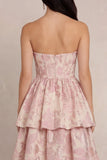 Strapless Blush Flower Jacquard A-Line Tiered Corset Satin Midi Dress