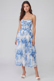 White Blue Flower A-Line Corset Strapless Tulle Tiered Midi Dress