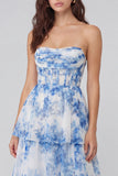 White Blue Flower A-Line Corset Strapless Tulle Tiered Midi Dress