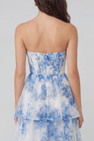 White Blue Flower A-Line Corset Strapless Tulle Tiered Midi Dress