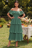 Eucalyptus Off the Shoulder Chiffon Tiered Pleated A-Line Maxi Dress