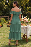Eucalyptus Off the Shoulder Chiffon Tiered Pleated A-Line Maxi Dress
