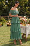 Eucalyptus Off the Shoulder Chiffon Tiered Pleated A-Line Maxi Dress