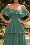 Eucalyptus Off the Shoulder Chiffon Tiered Pleated A-Line Maxi Dress