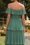 Eucalyptus Off the Shoulder Chiffon Tiered Pleated A-Line Maxi Dress