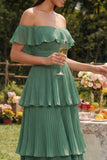 Eucalyptus Off the Shoulder Chiffon Tiered Pleated A-Line Maxi Dress
