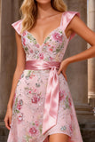 Pink Beaded A-Line V-Neck Midi Dress with Sequins