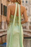 Halter Corset Light Green Beaded Mermaid Long Prom Dress with Slit
