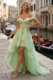 Off The Shoulder Light Green Corset A-Line High-Low Prom Dress with Beading