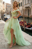 Off The Shoulder Light Green Corset A-Line High-Low Prom Dress with Beading