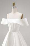 White Satin Corset Off the Shoulder A-Line Short Wedding Dress