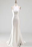 Ivory High Neck Pearls Mermaid Satin Wedding Dress with Sweep Train