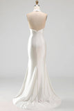Ivory High Neck Pearls Mermaid Satin Wedding Dress with Sweep Train