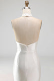 Ivory High Neck Pearls Mermaid Satin Wedding Dress with Sweep Train