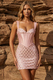 Pink Thick Straps Corset Bodycon Homecoming Dress with Sequins