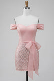 Off the Shoulder Pink Bodycon Sequins Homecoming Dress with Belt