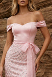 Off the Shoulder Pink Bodycon Sequins Homecoming Dress with Belt