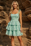 Light Green Thick Straps Tiered A-Line Floral Homecoming Dress