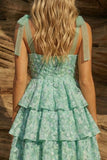 Light Green Thick Straps Tiered A-Line Floral Homecoming Dress