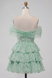Light Green Off the Shoulder Tiered A-Line Floral Homecoming Dress