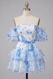 A-Line Blue Off the Shoulder Tiered Floral Homecoming Dress