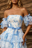A-Line Blue Off the Shoulder Tiered Floral Homecoming Dress