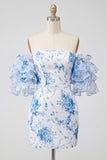 Blue Off the Shoulder Floral Bodycon Homecoming Dress