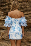Blue Off the Shoulder Floral Bodycon Homecoming Dress