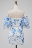 Blue Off the Shoulder Floral Bodycon Homecoming Dress