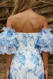 Blue Off the Shoulder Floral Bodycon Homecoming Dress