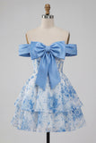 Blue A-Line Off the Shoulder Floral Homecoming Dress with Bow