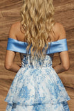 Blue A-Line Off the Shoulder Floral Homecoming Dress with Bow